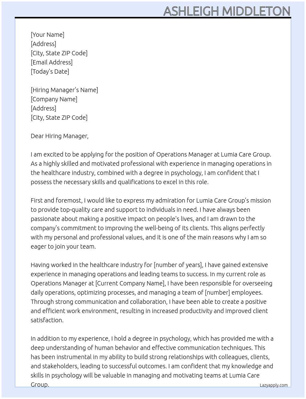 Operations Manager At Lumia Care Group Cover Letter