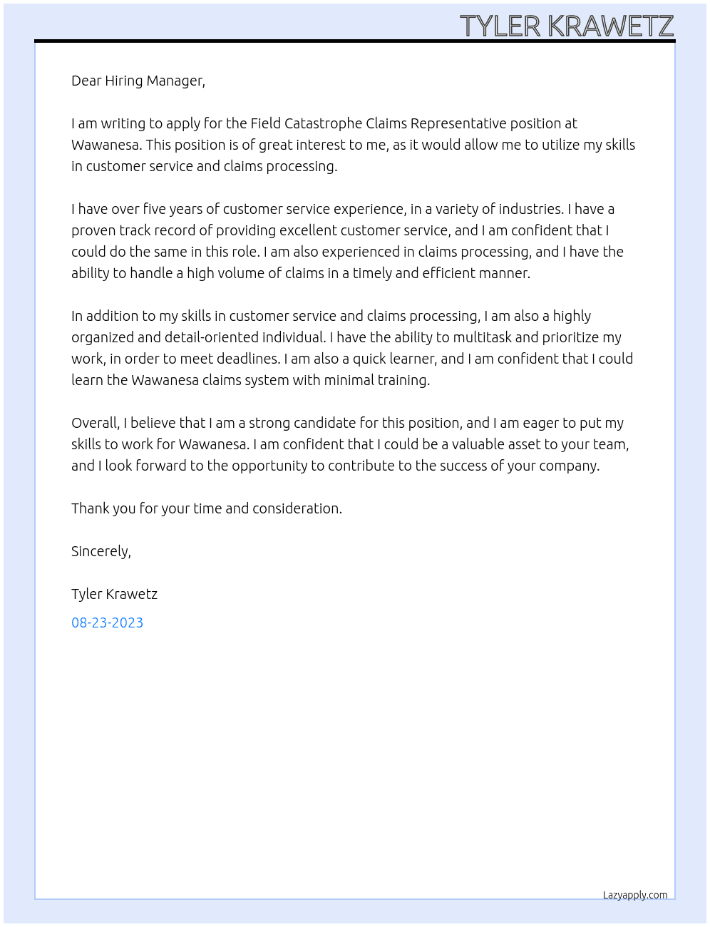 Field Catastrophe Claims Representative At Wawanesa Cover Letter