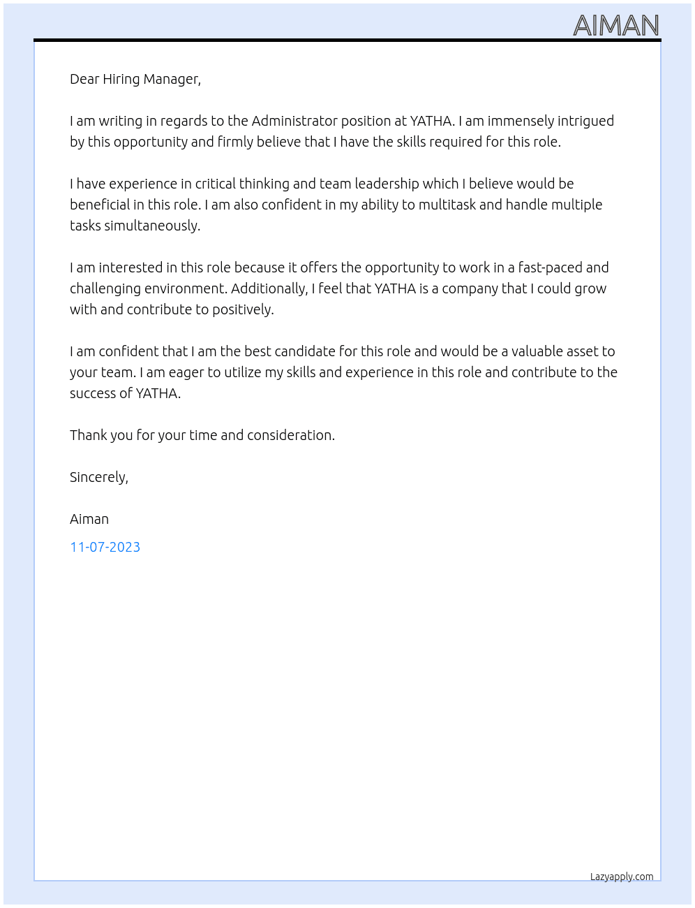 Administrator At YATHA Cover Letter