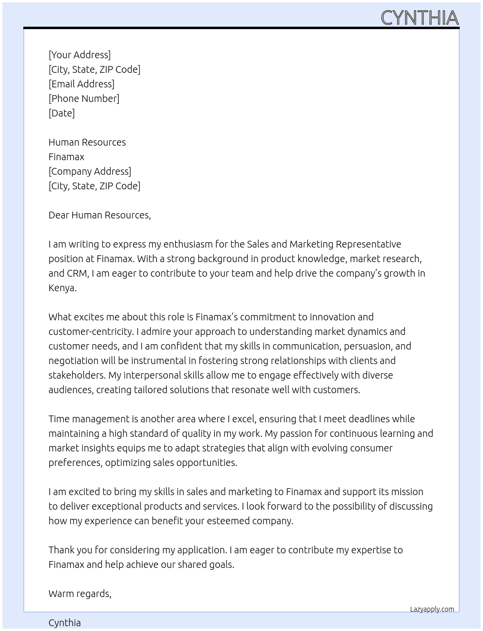 Sales and marketing representative At finamax Cover Letter