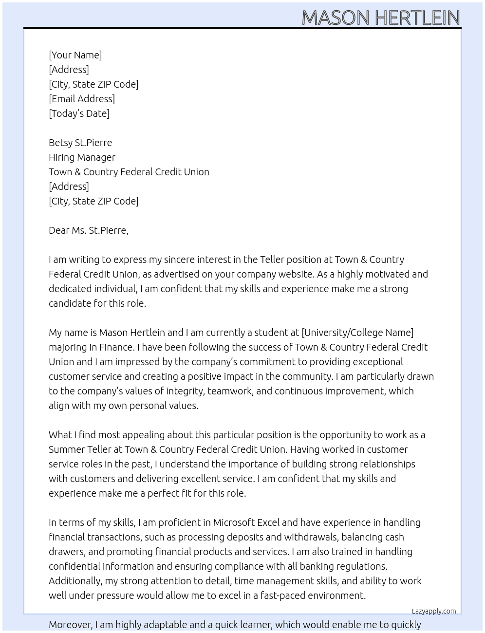 Teller At Town & Country Federal Credit Union Cover Letter