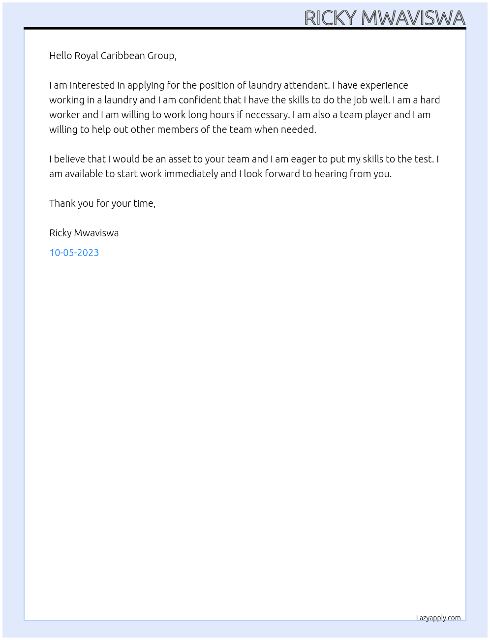 laundry attendant At Cruiseship Cover Letter