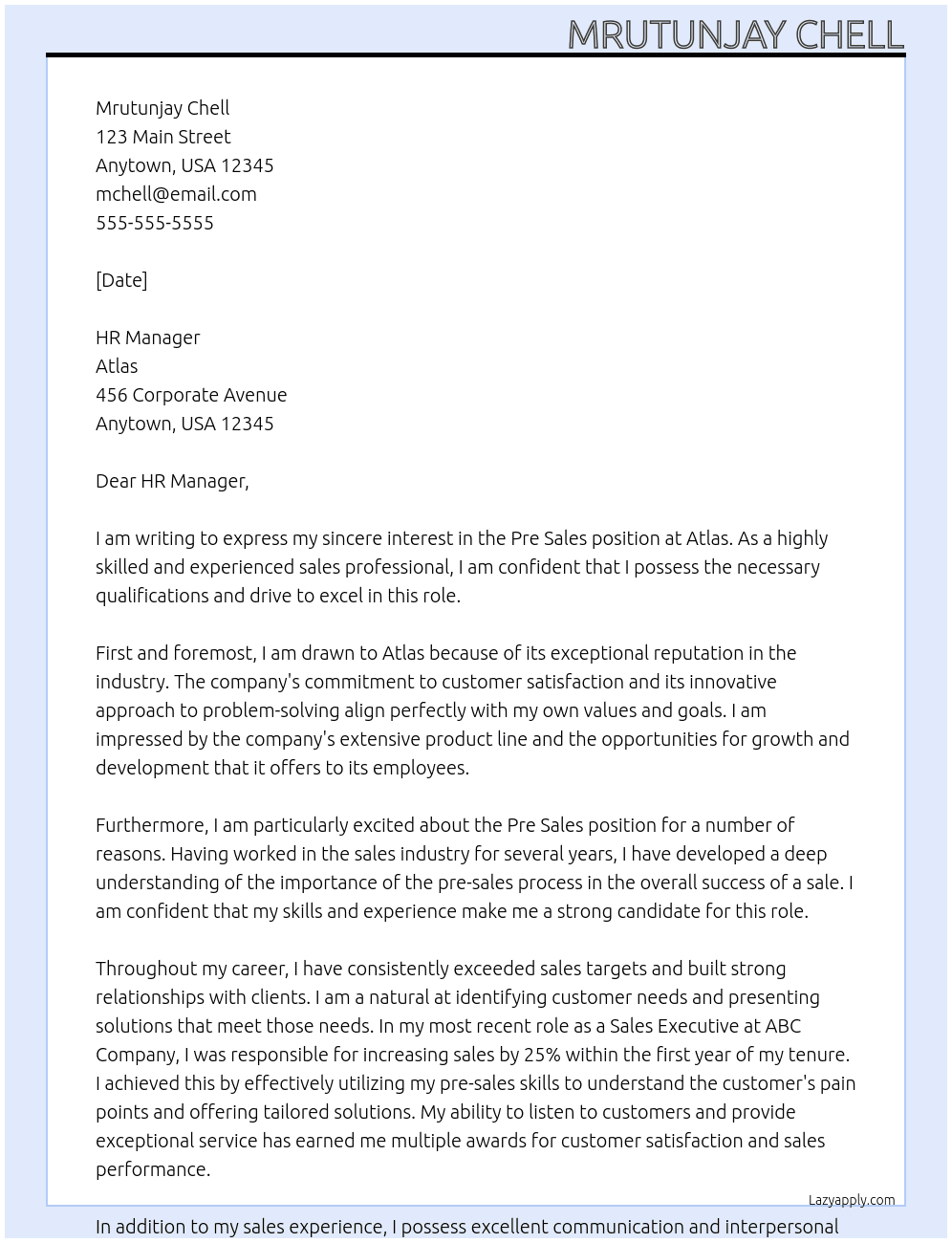 Pre Sales At Atlas Cover Letter