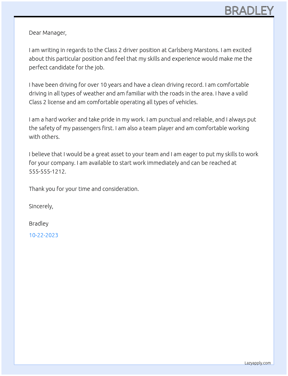 Class 2 driver At Carlsberg marstons Cover Letter