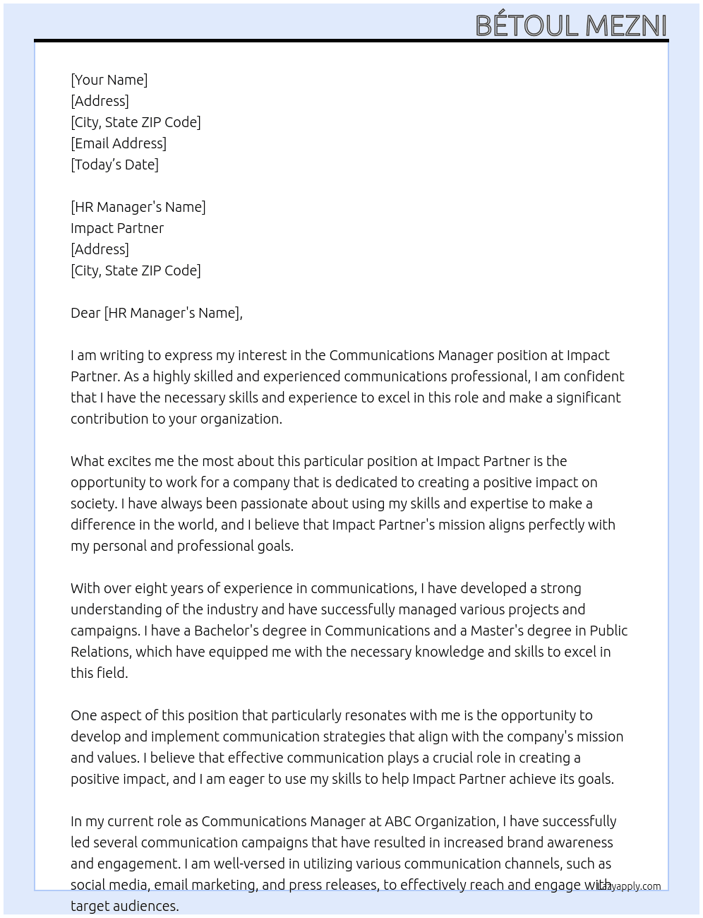 Communications Manager At impact partner Cover Letter