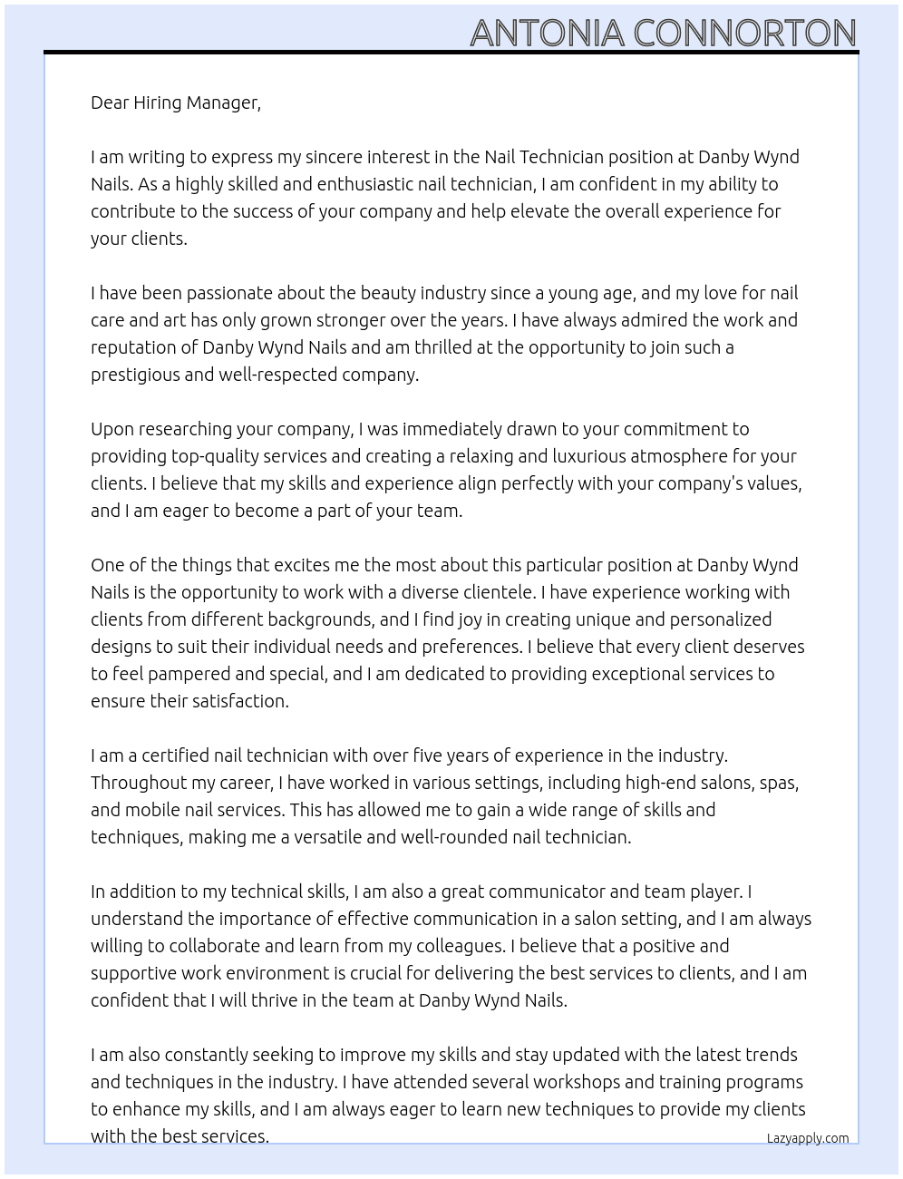 Nail Technician At Danby Wynd Nails Cover Letter