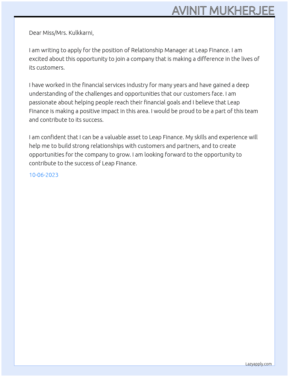 Relationship Manager At Leap Finance Cover Letter