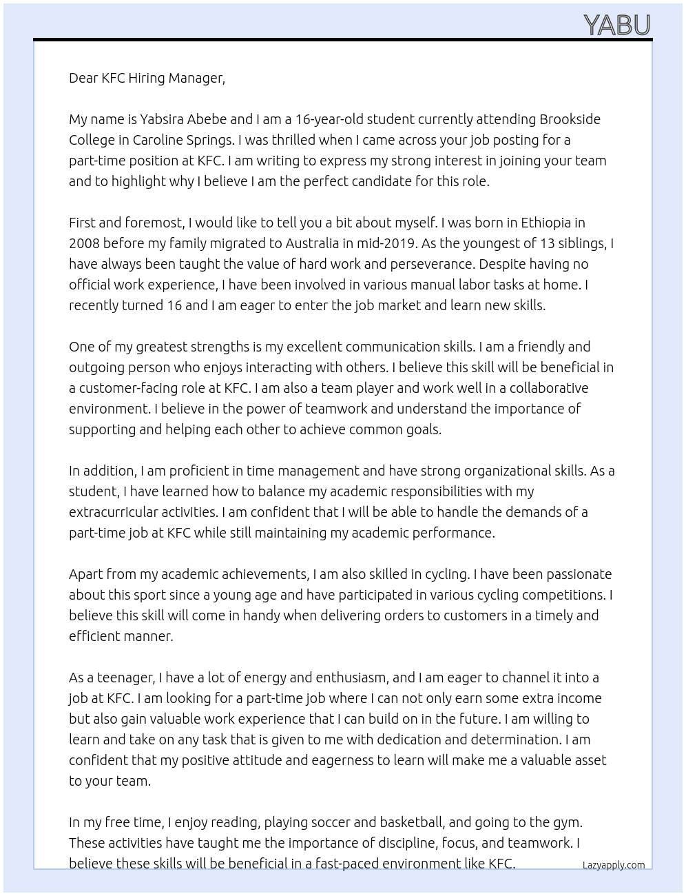 KFC At KFC Cover Letter