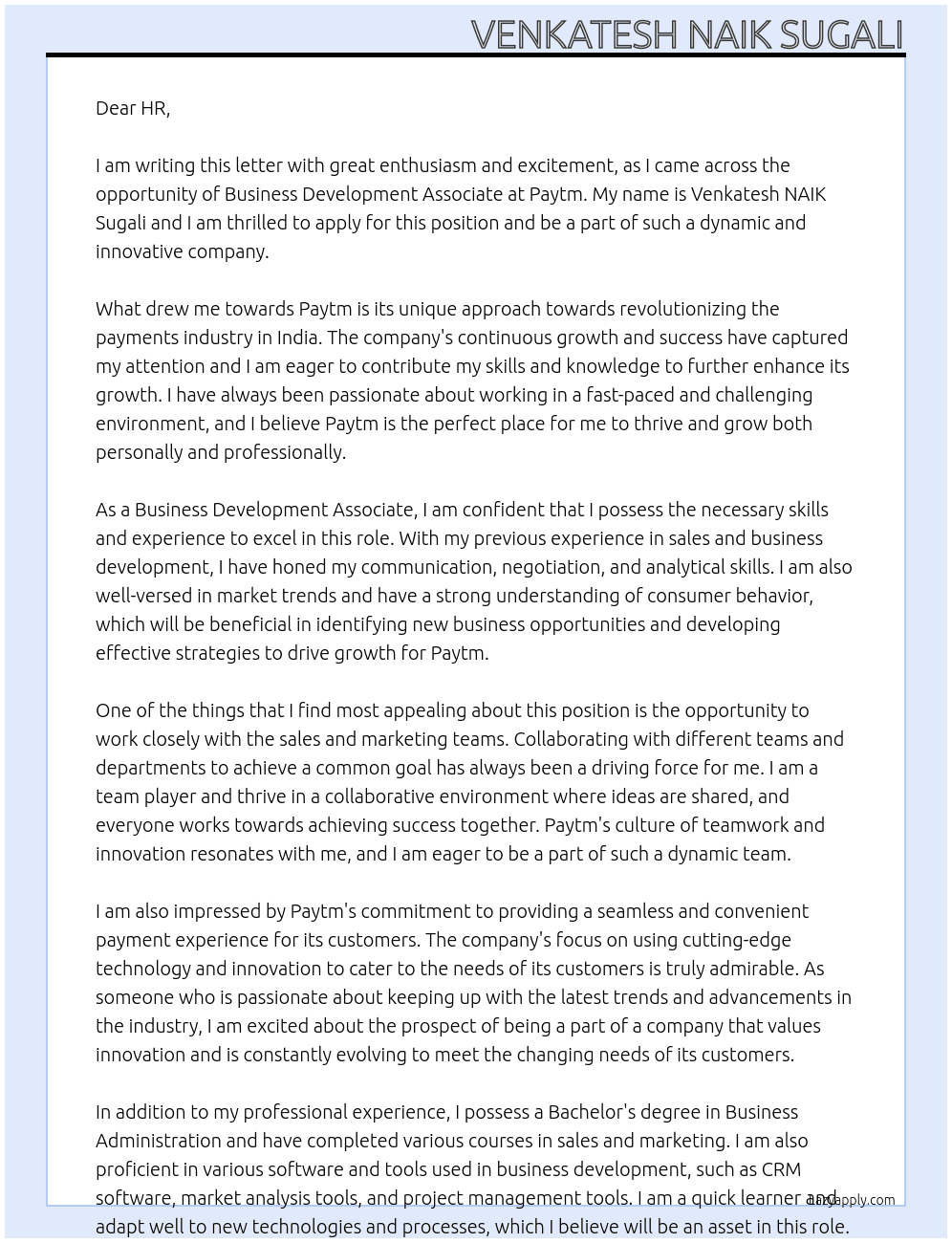 Business development associate  At Paytm Cover Letter