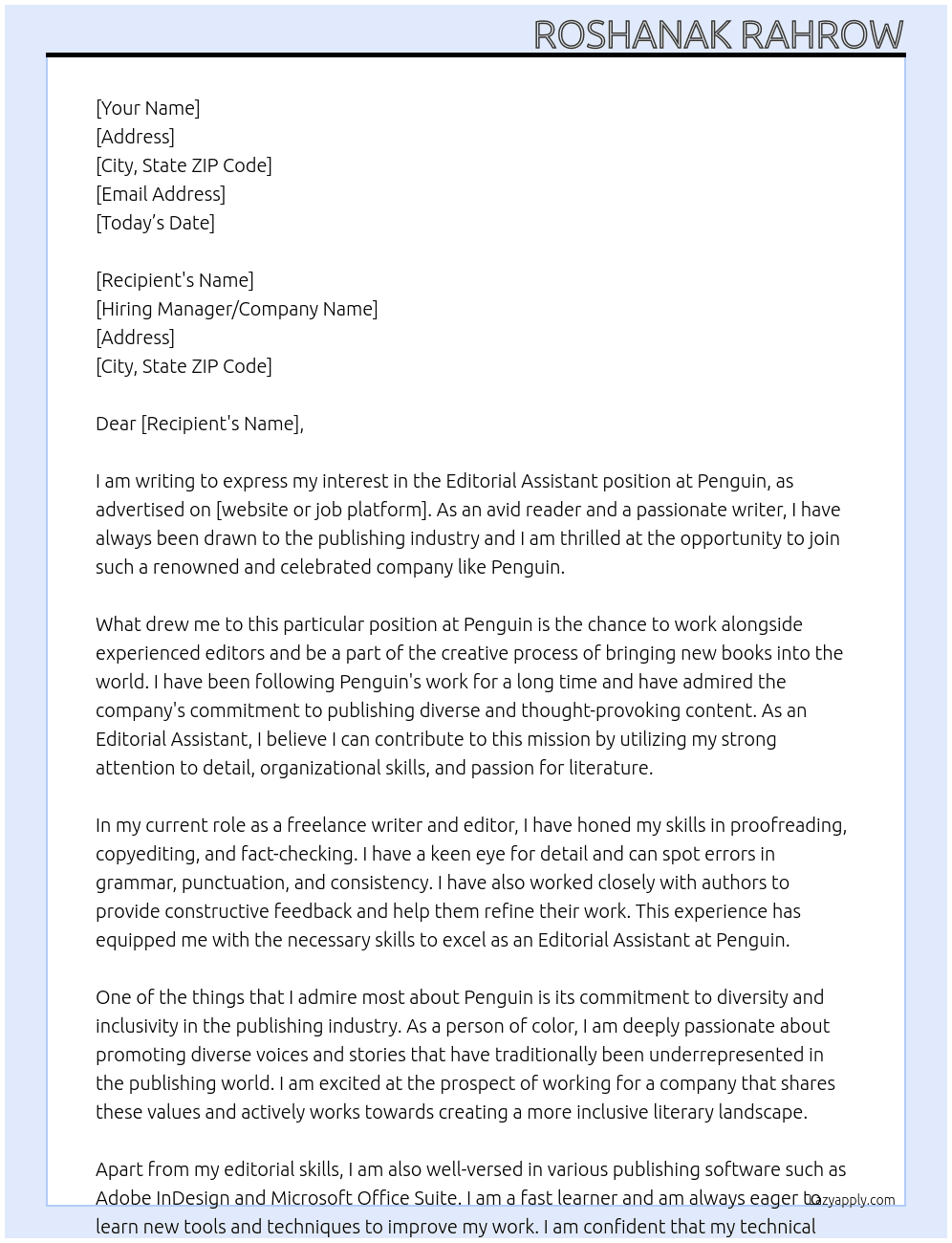 Editorial Assistant At Penguin Cover Letter