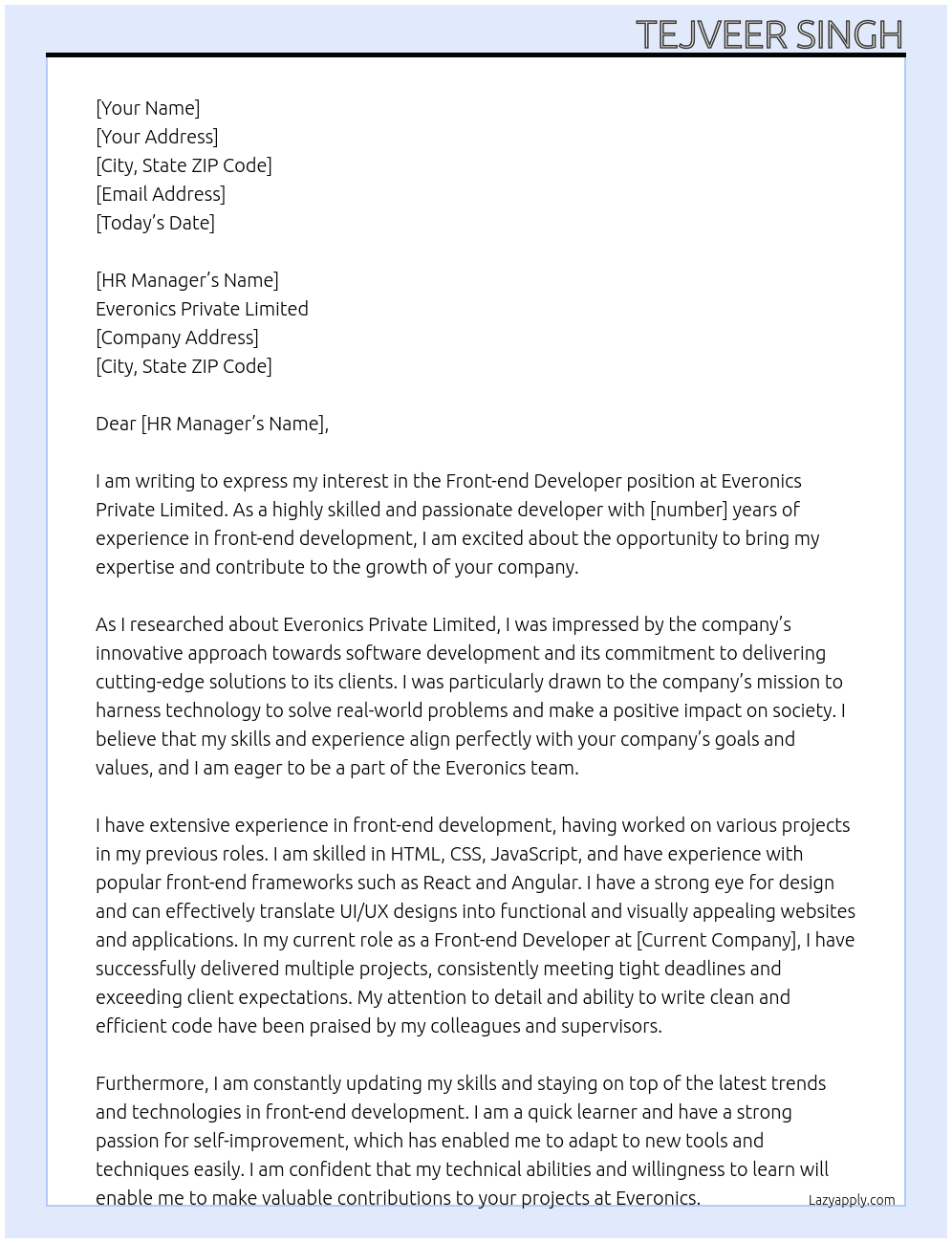 Front-end developer  At Everonics Private Limited  Cover Letter