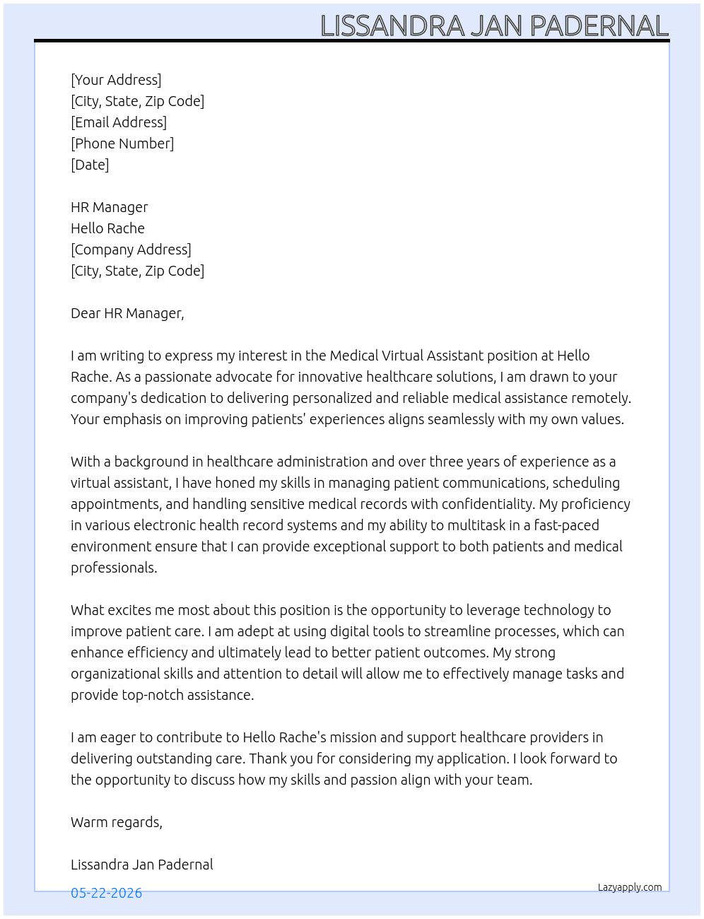 medical virtual assistant At Hello Rache Cover Letter