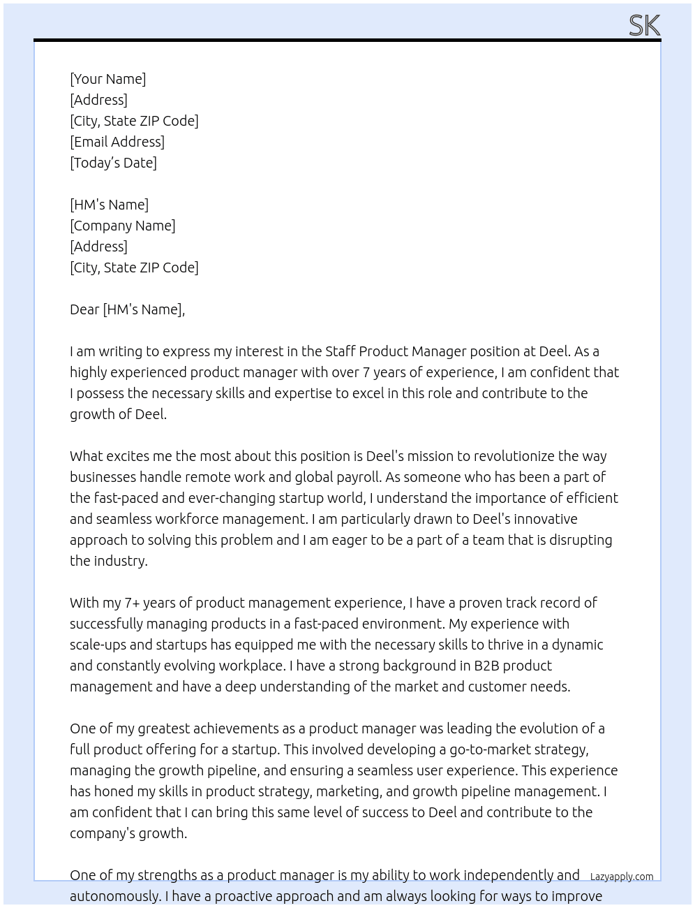 Staff Product Manager At Deel Cover Letter