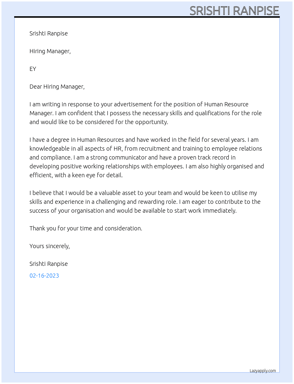 Human Resource Manager At EY Cover Letter