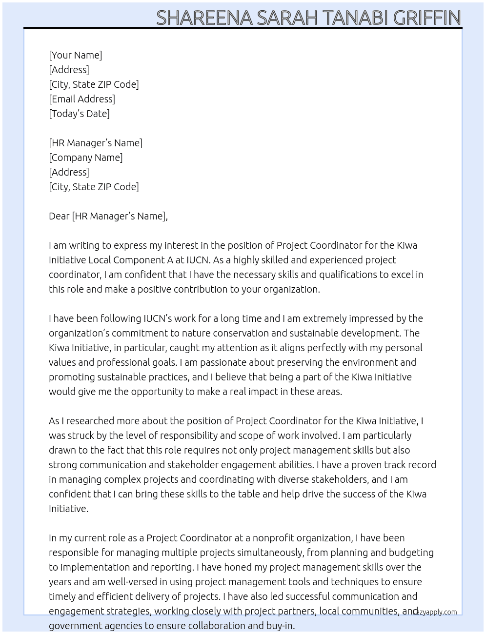 Project Coordinator, Kiwa Initiative Local Component A At IUCN Cover Letter