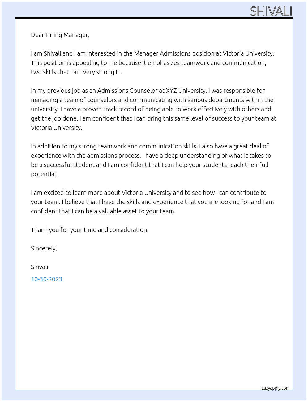 Manager Admissions At Victoria University Cover Letter