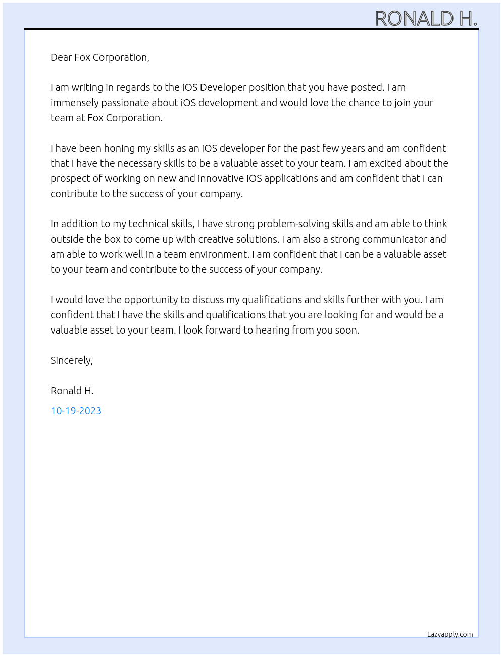 iOS Developer At Fox Corporation Cover Letter