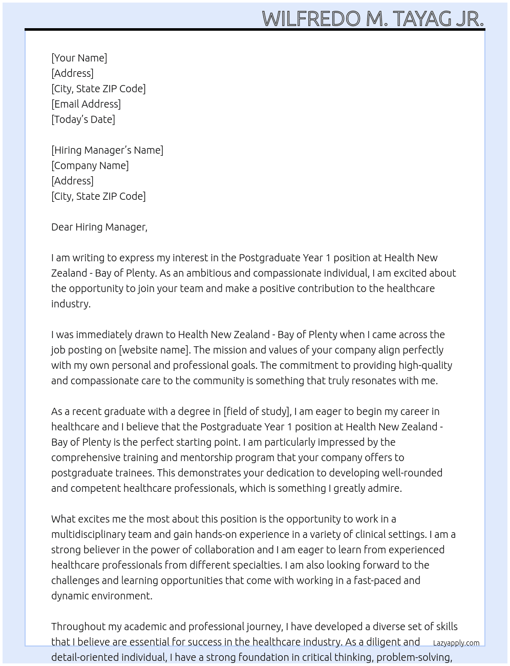 Postgraduate Year 1 At Health New Zealand - Bay of Plenty Cover Letter