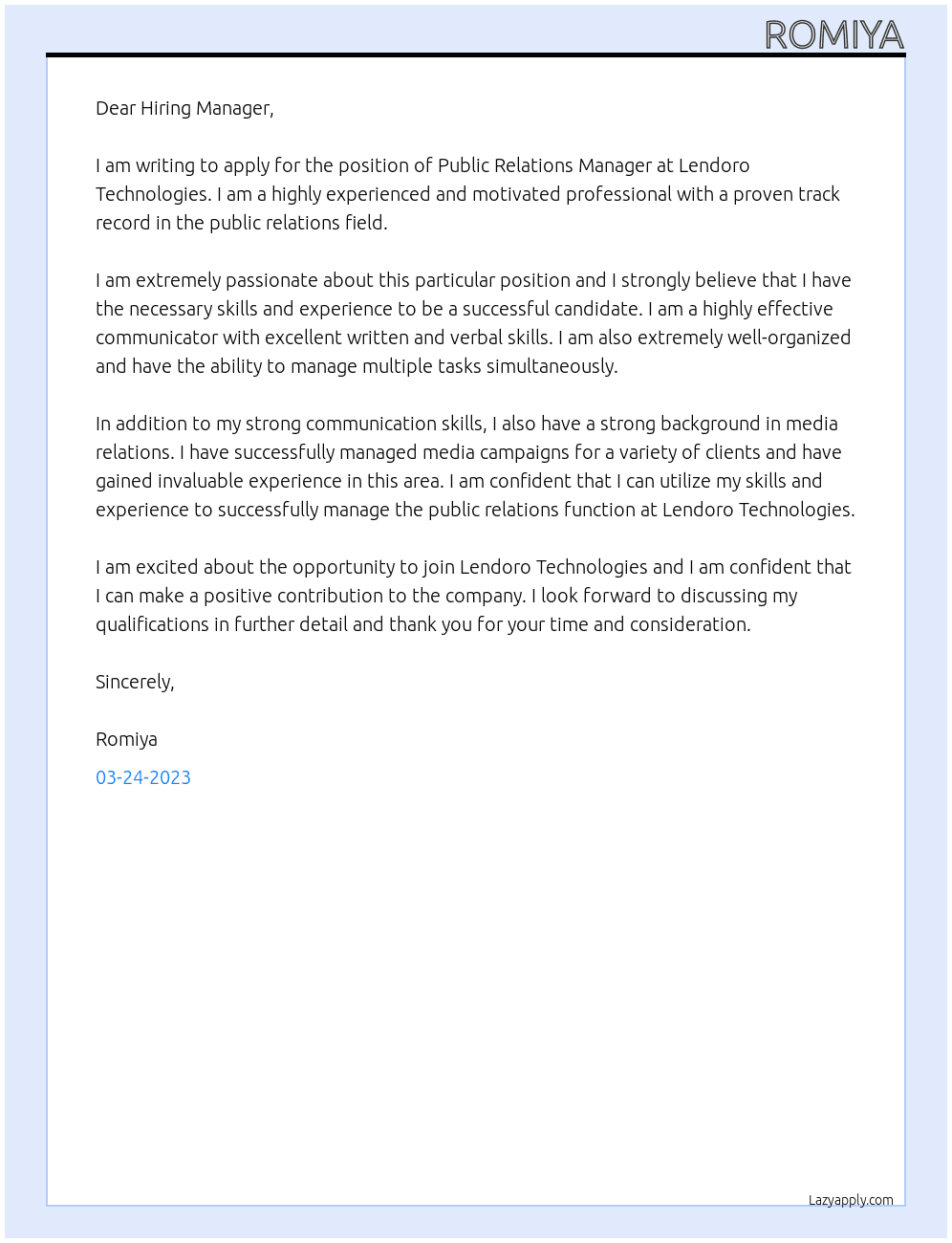 Public Relations Manager  At Lendoro Technologies - Dubai Cover Letter