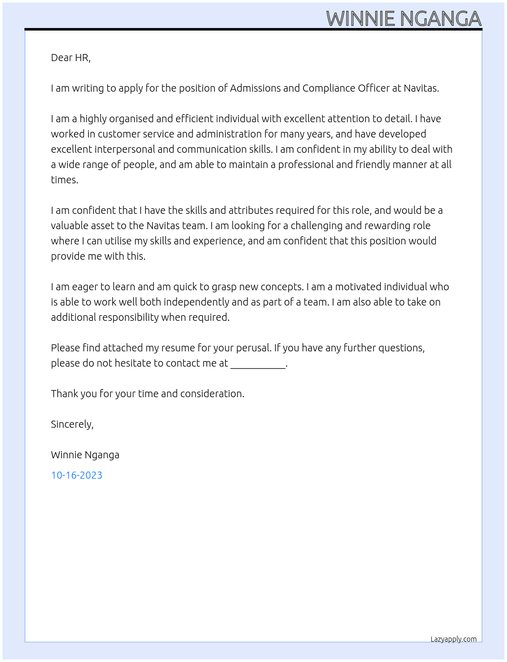 Admissions and Compliance Officer At HR Cover Letter