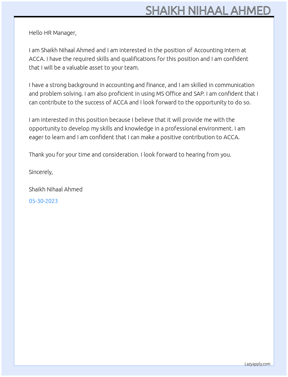Accounting intern  At ACCA  Cover Letter