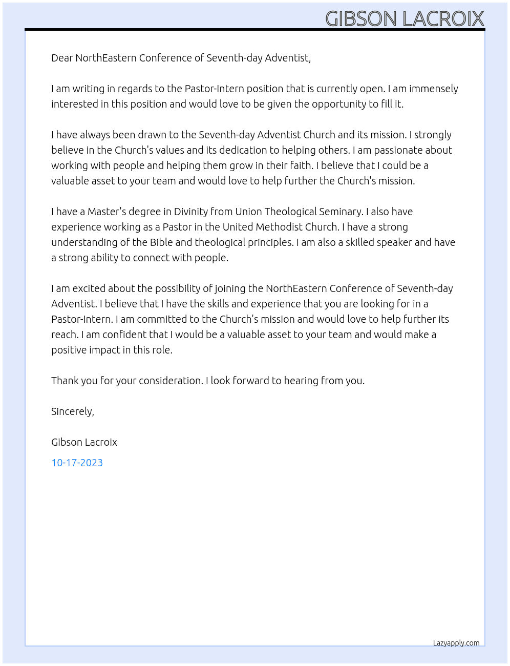 Pastor-Intern At NorthEastern Conference of Seventh-day Adventist  Cover Letter