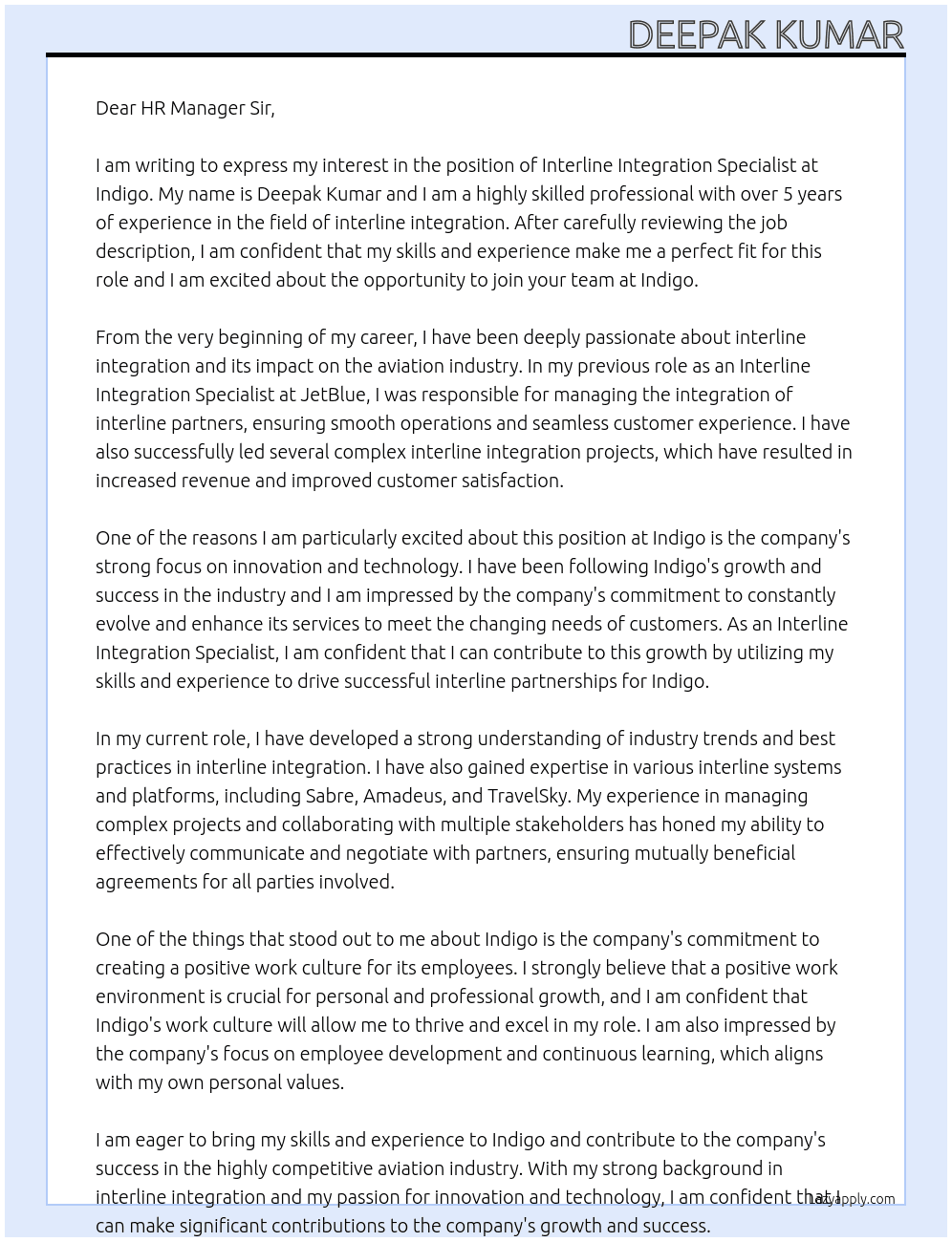 Cover letter for interline integration specialist - LazyApply