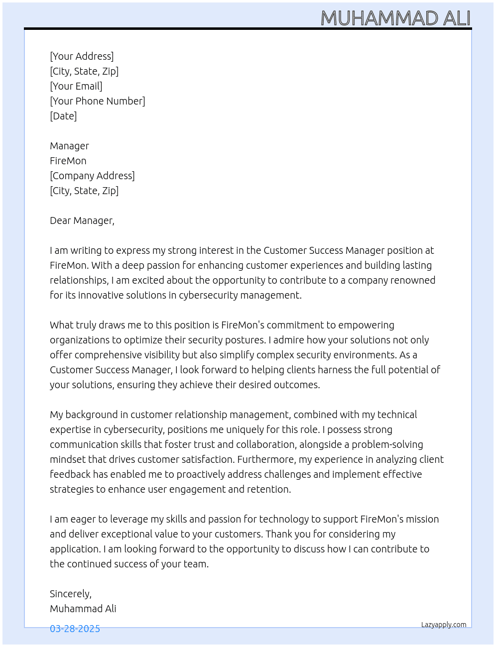 Customer Success Manager At FireMon Cover Letter