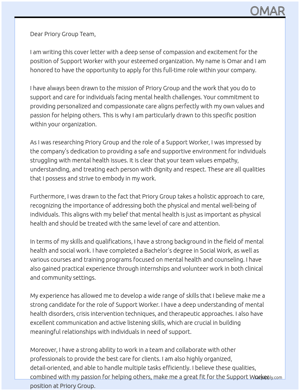 support worker At priory group Cover Letter