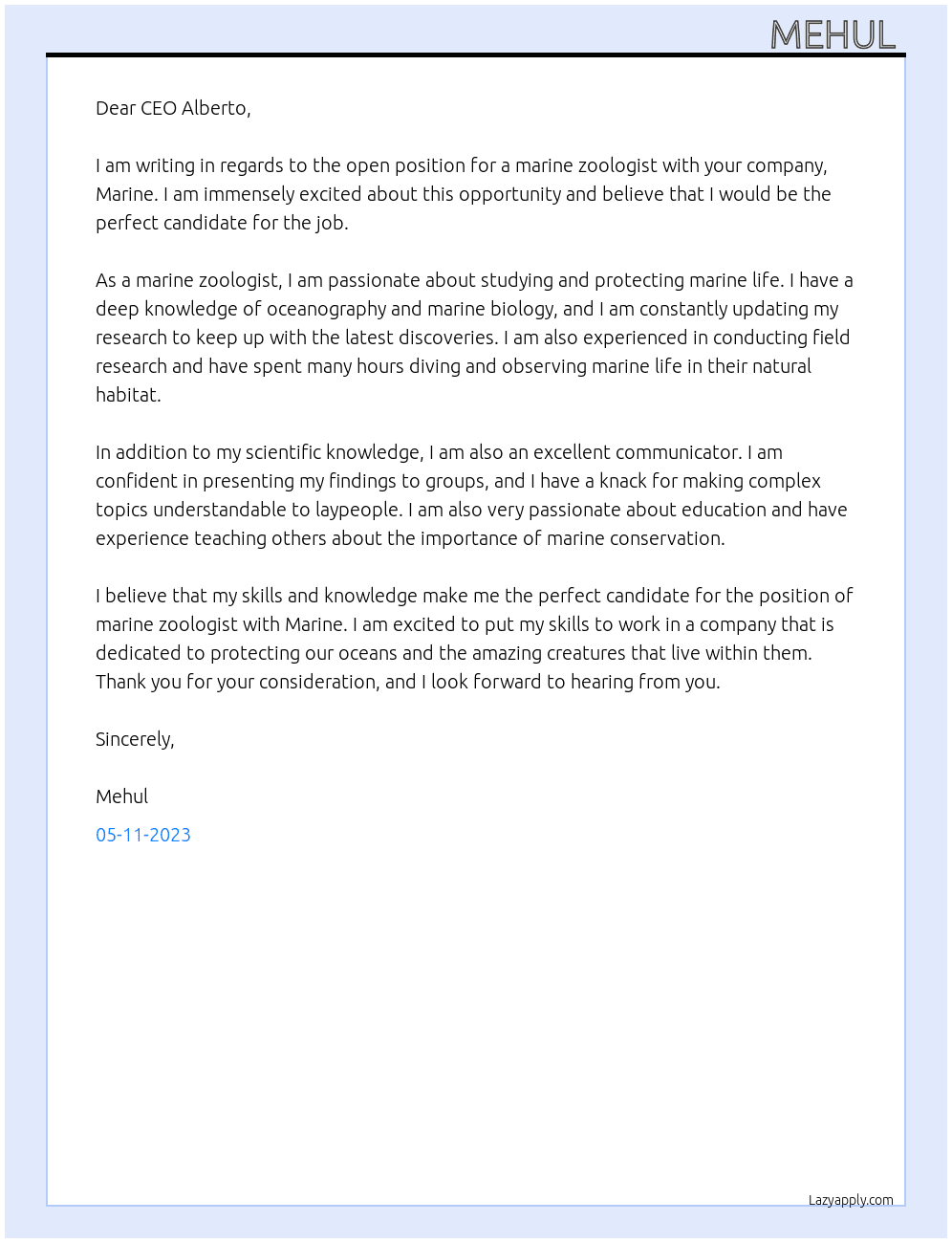 Marine zoologist  At Marine  Cover Letter