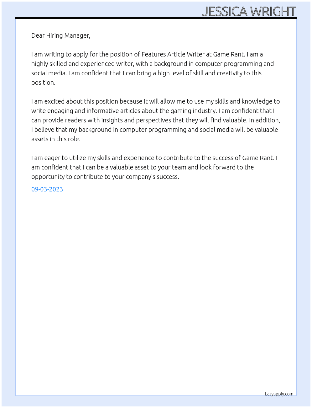 Features Article Writer At Game Rant Cover Letter