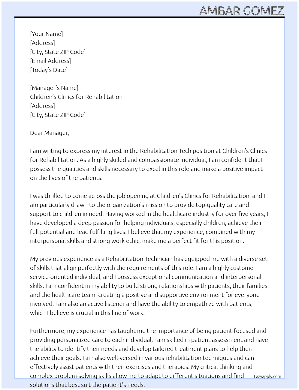 Rehabilitation tech At Children’s Clinics for Rehabilitation Cover Letter