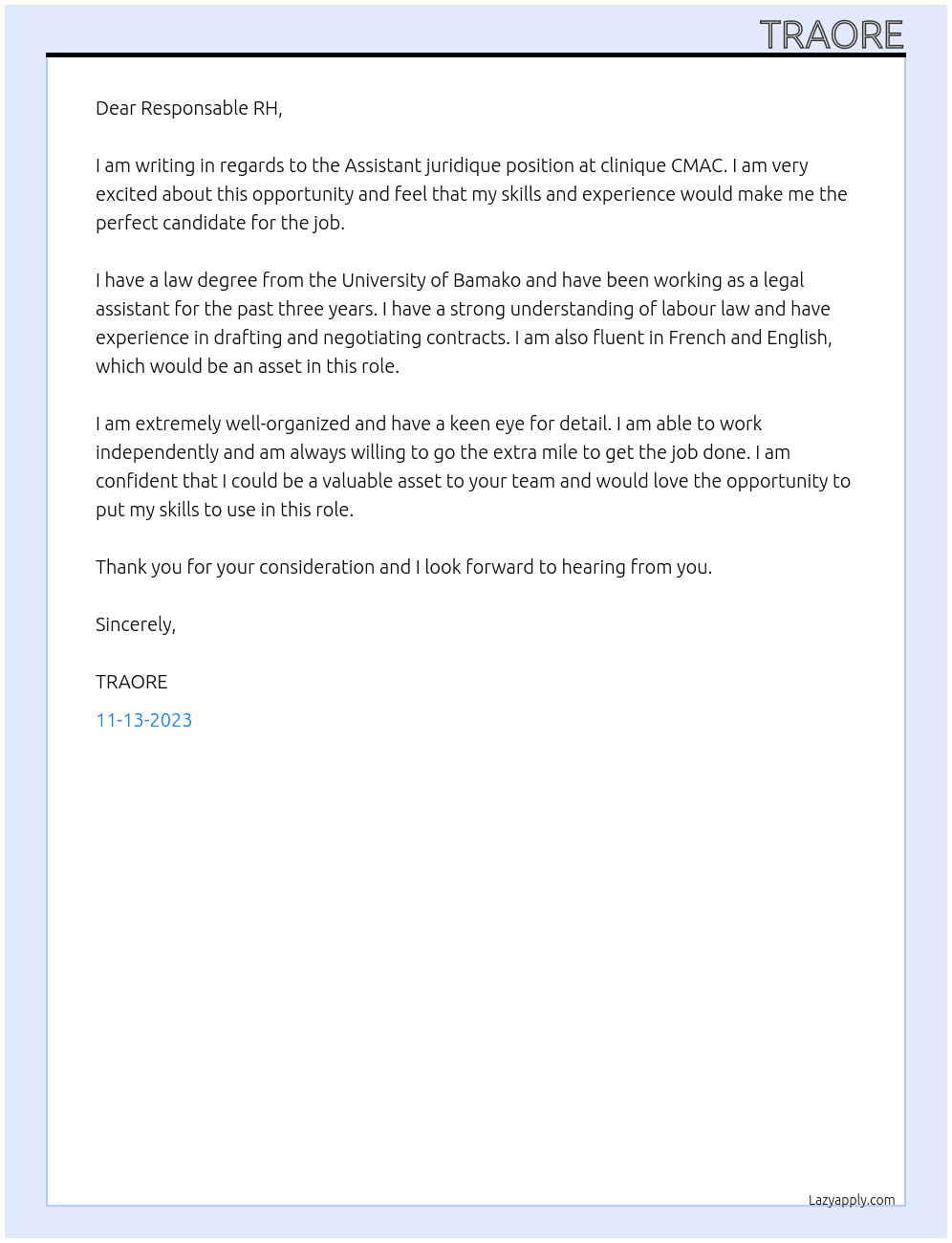 Assistant juridique At clinique CMAC Cover Letter