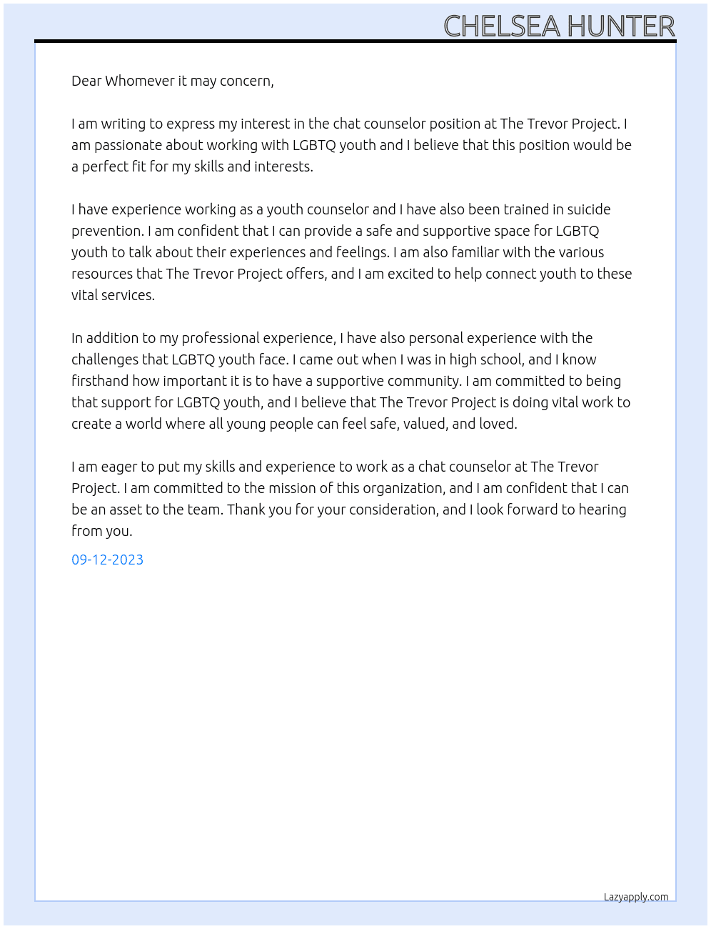 Chat counselor  At The Trevor Project Cover Letter
