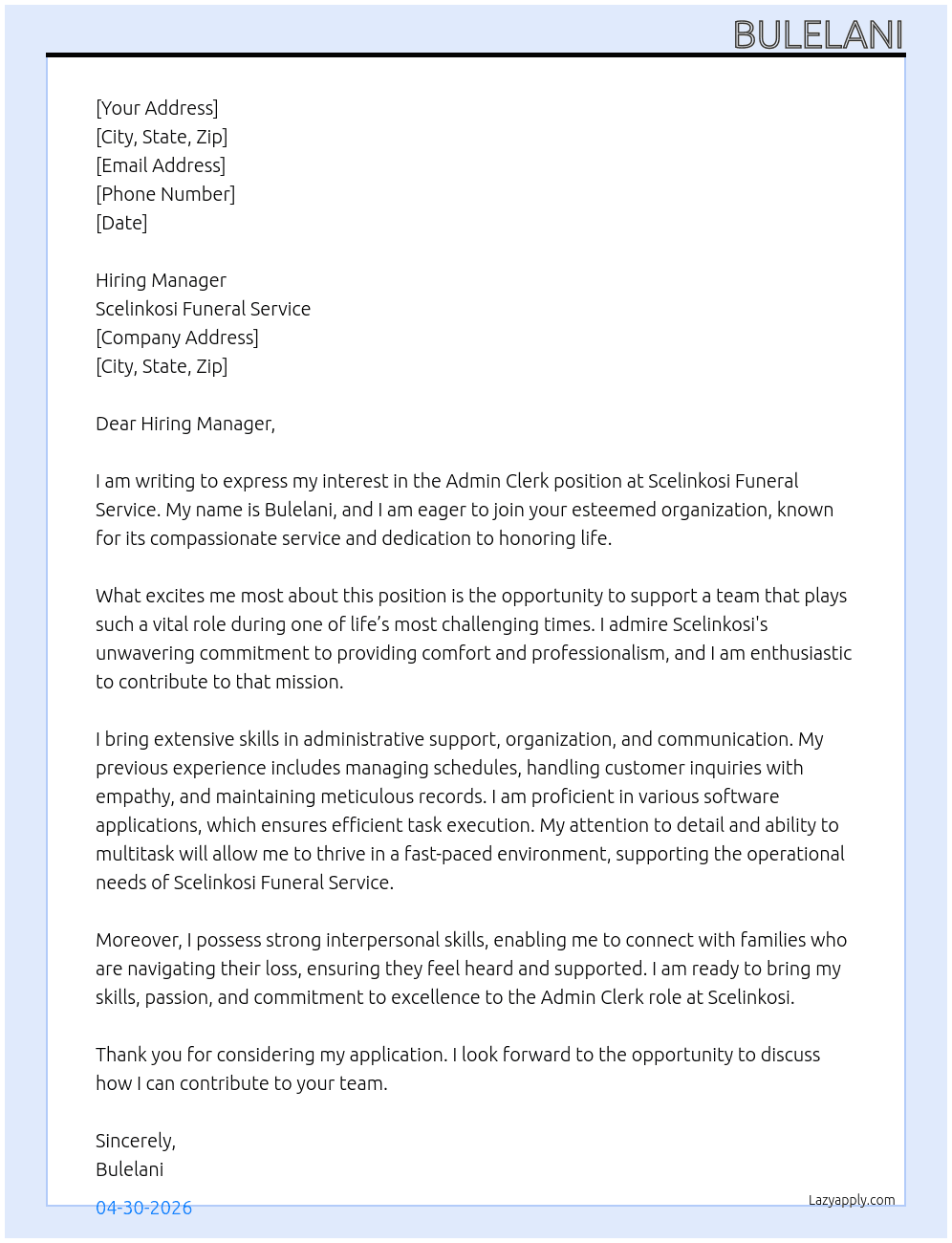 Admin clerk At Scelinkosi funeral service Cover Letter