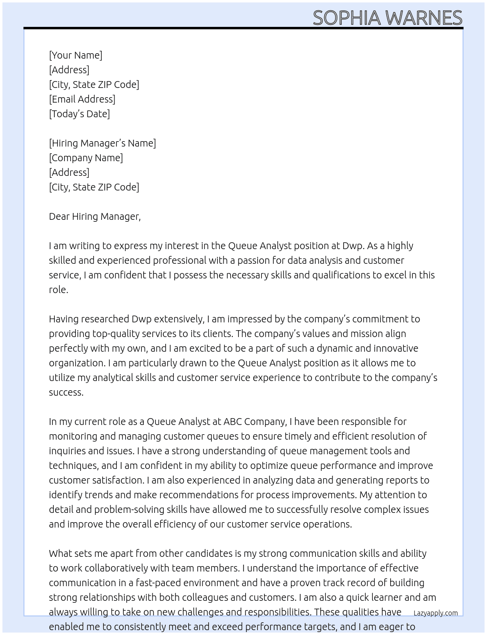 Queue Analysts  At Dwp Cover Letter