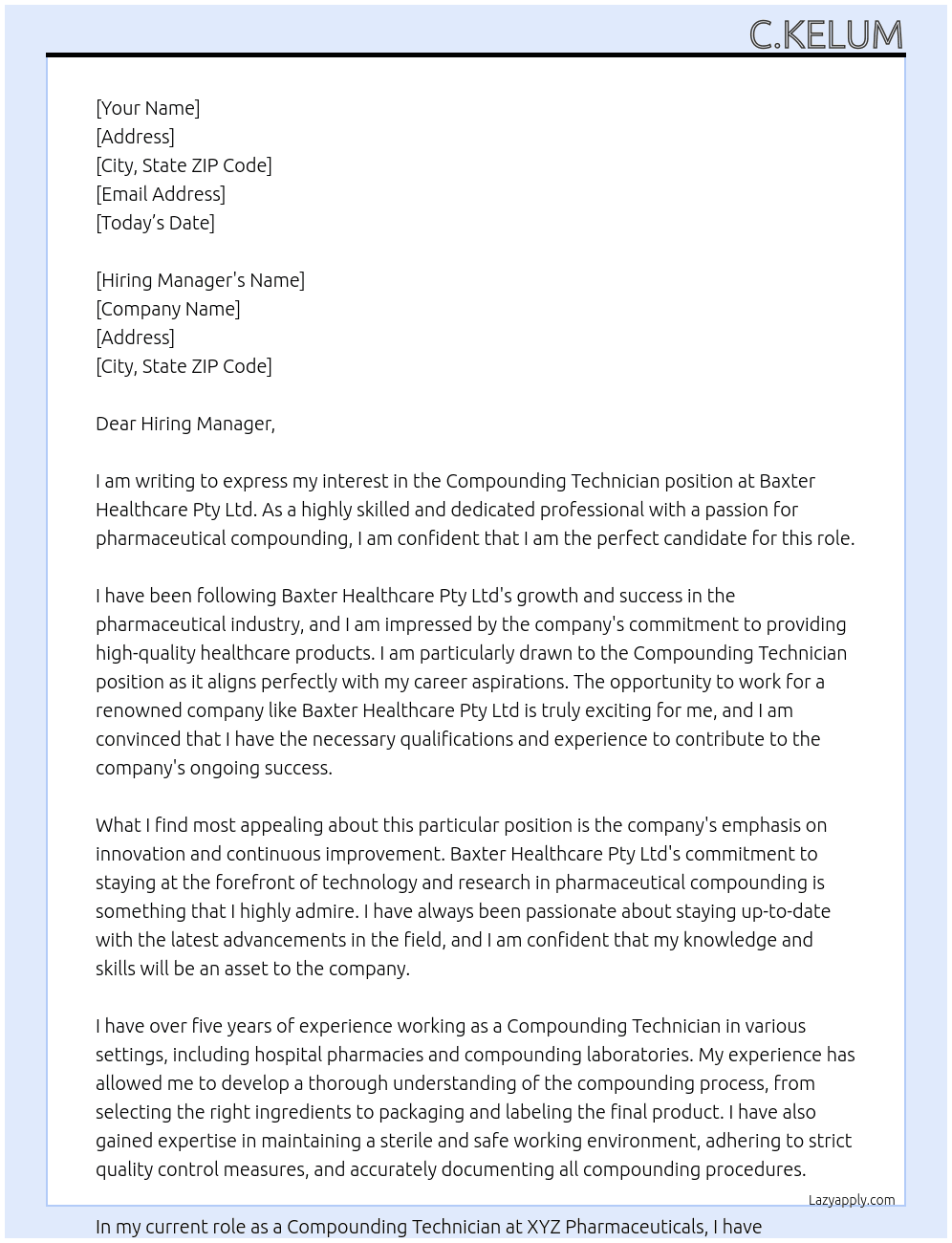 Compounding Technician At Baxter Healthcare Pty Ltd Cover Letter