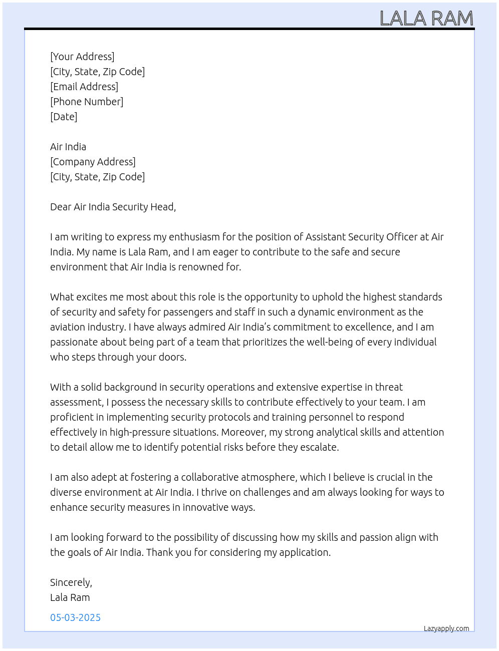 Cover letter for assistant security officer - LazyApply