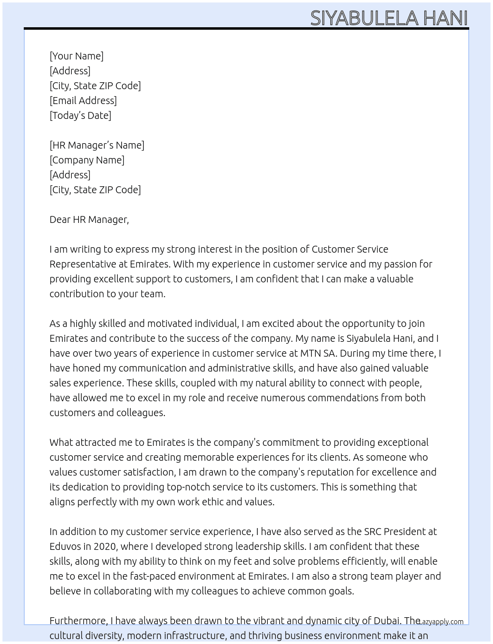 Customer service representatives At Emirates Cover Letter