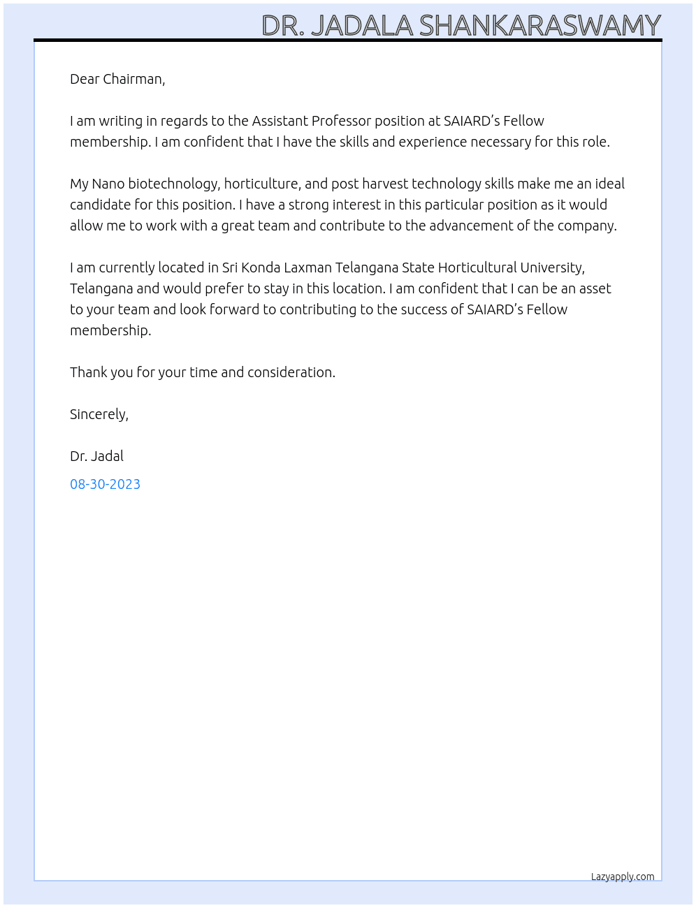 Assistant professor At SAIARD’s Fellow membership Cover Letter