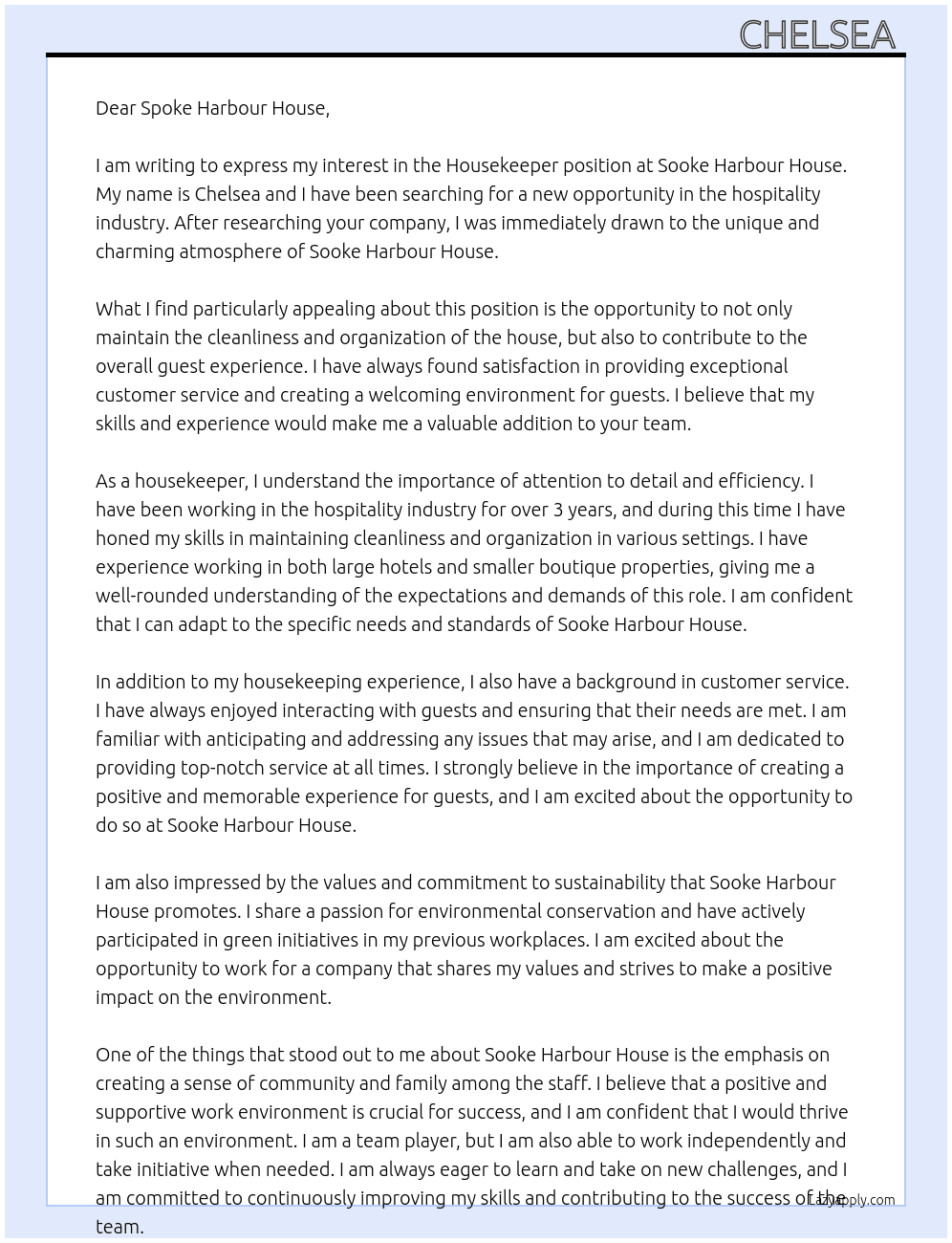 Housekeeper  At Sooke harbour house  Cover Letter