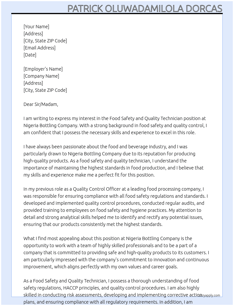 Food safety and quality technician At Nigeria Bottling company Cover Letter
