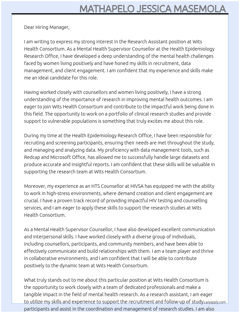 Research Assistant At Wits Health Consortium Cover Letter