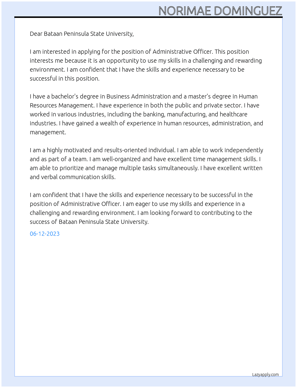 Administrative Officer At Bataan Peninsula State University Cover Letter