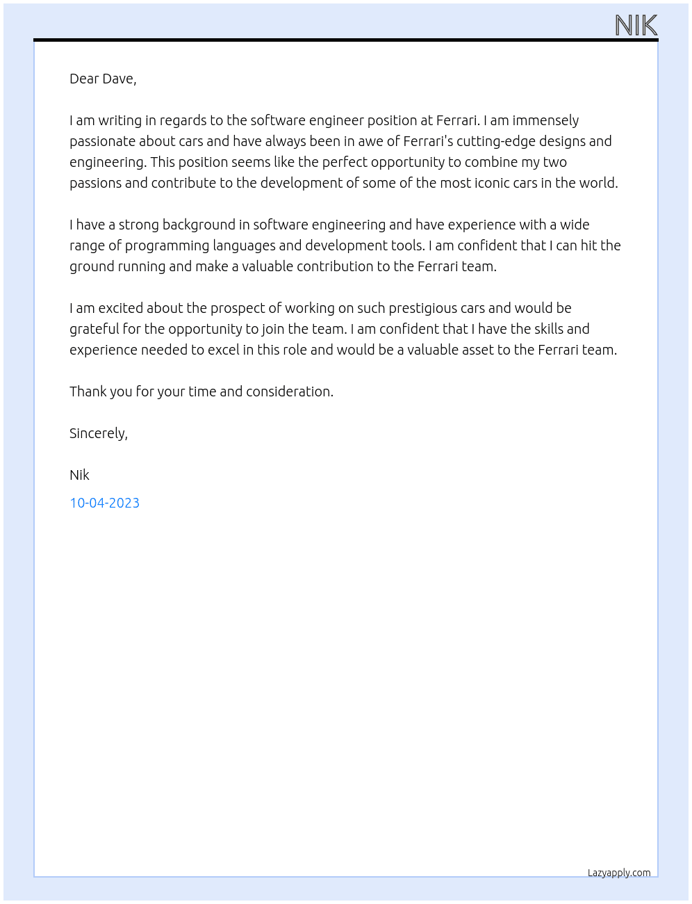 software engineer At ferrari Cover Letter
