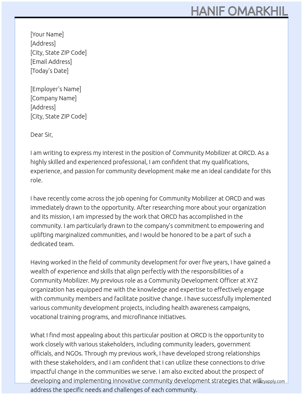 Community Mobilizer At ORCD Cover Letter