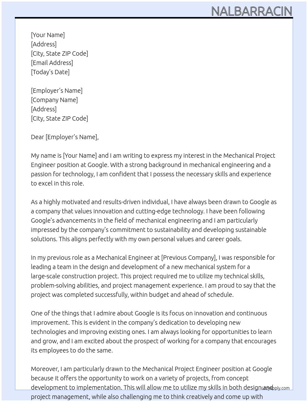 Mechanical Project Engineer At Google Cover Letter