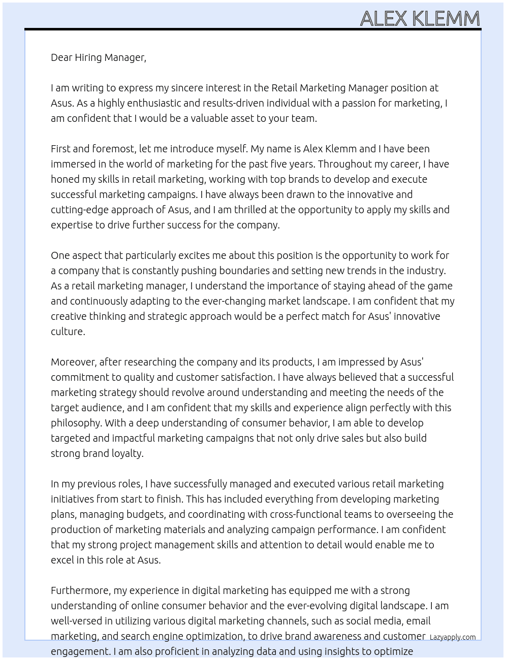 Retail Marketing Manager At Asus Cover Letter