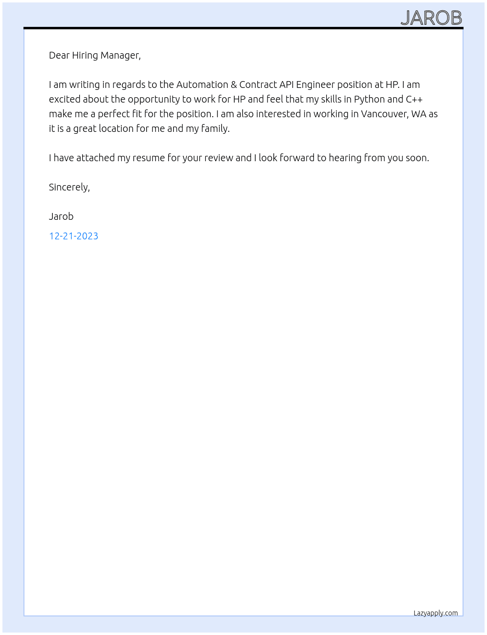 Automation & Contract API Engineer At HP Cover Letter