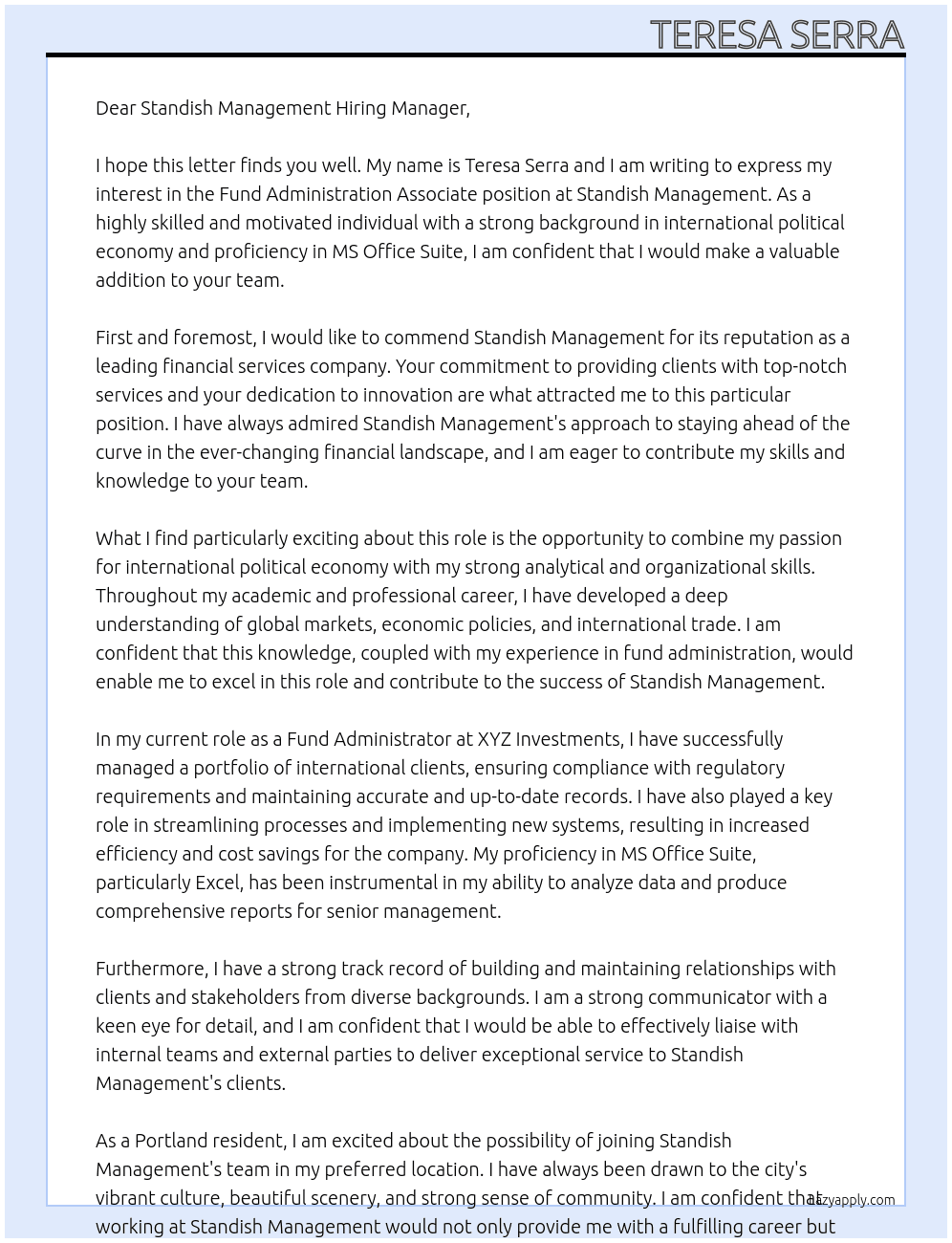 Fund Administration Associate At Standish Management Cover Letter
